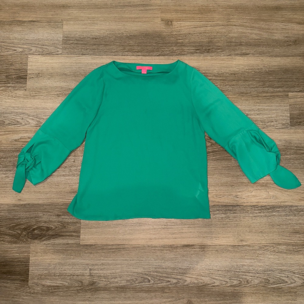 Lilly Pulitzer Green Boatneck Tie Sleeve Blouse Top 001377 Emerald Womens Medium